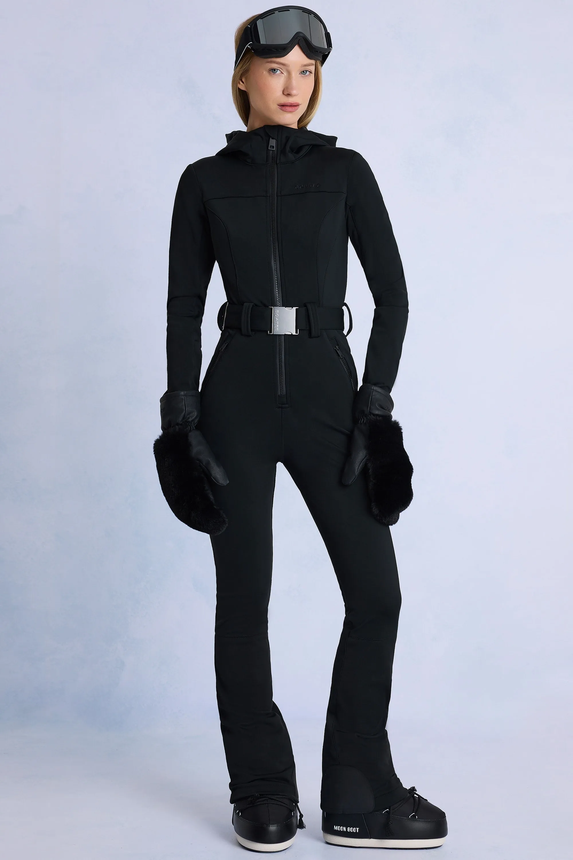 Waterproof Hooded Fitted Ski Suit in Black sold by Oh Polly
