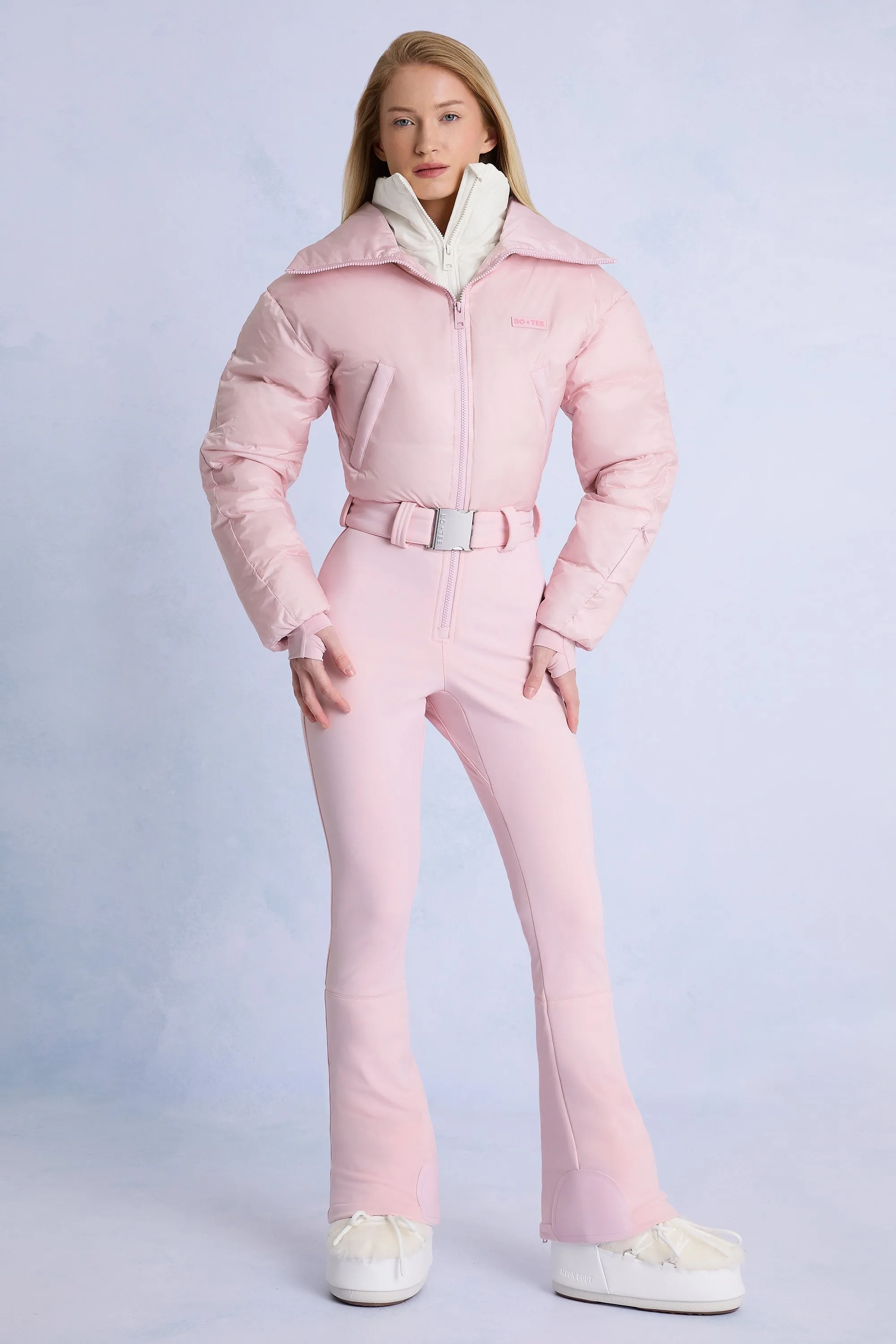 Waterproof Belted Layered Ski Suit in Powder Pink sold by Oh Polly