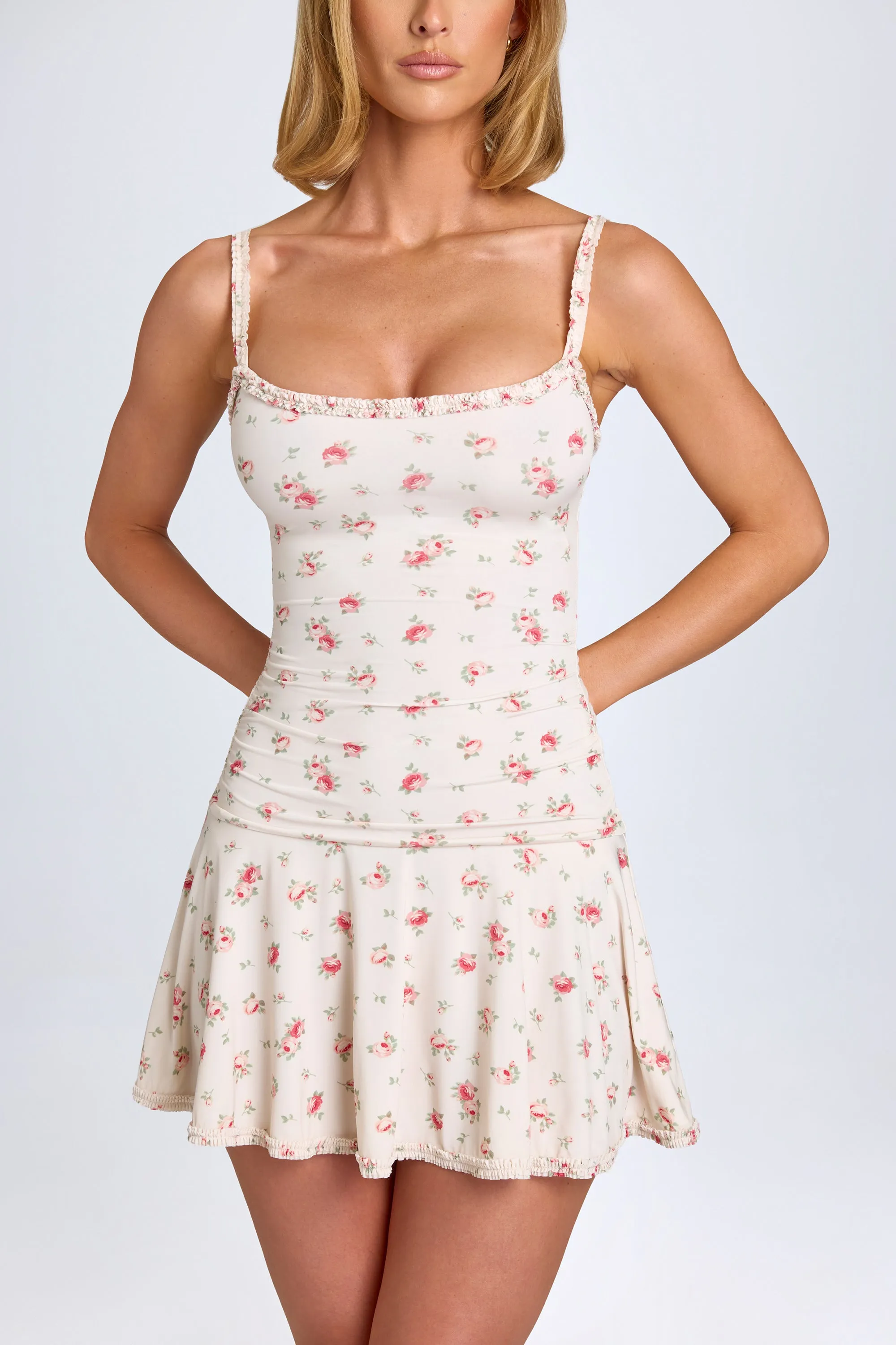 Lace-Trim Ruched Mini Dress in Small Rose Print sold by Oh Polly product image thumbnail 4
