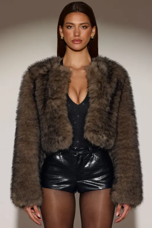 Cropped Faux-Fur Jacket in Chocolate Brown sold by Oh Polly