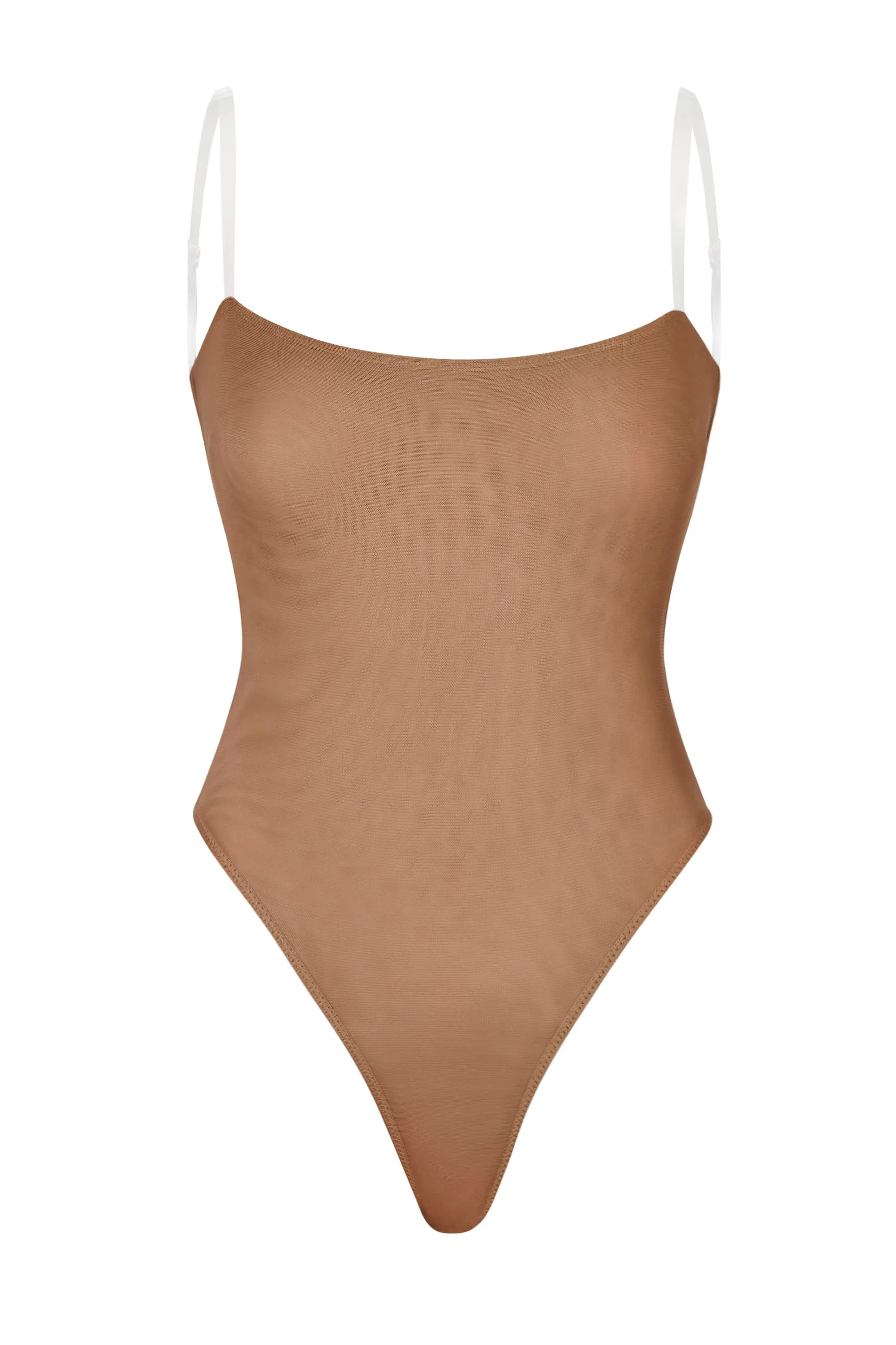 Soft Mesh Invisible Strap Thong Bodysuit in Honey sold by Oh Polly
