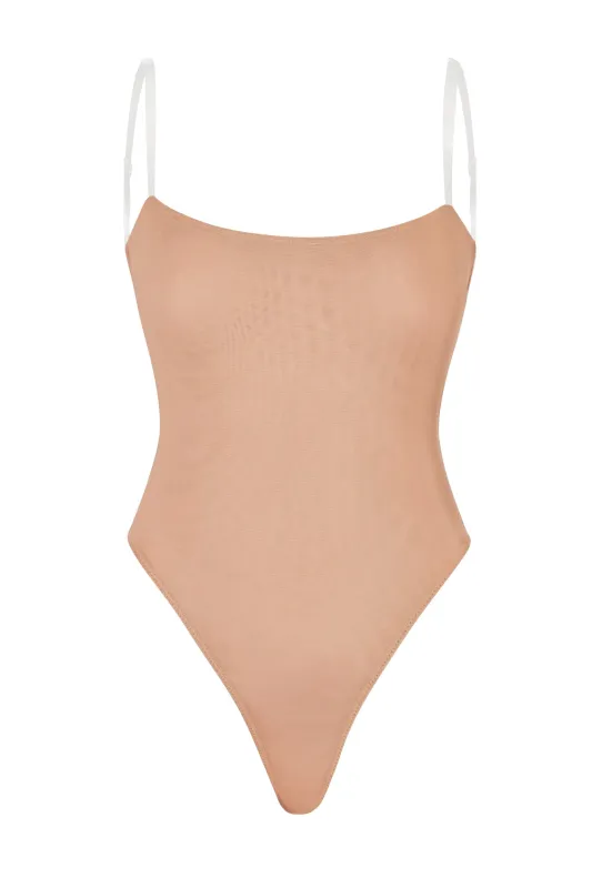 Soft Mesh Clear Strap Bodysuit in Warm Peach sold by Oh Polly