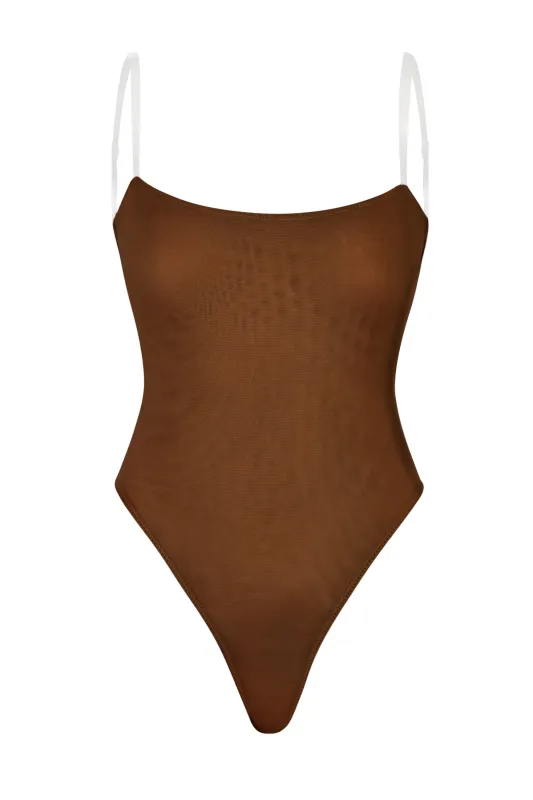 Soft Mesh Invisible Strap Thong Bodysuit in Chestnut made by Oh Polly
