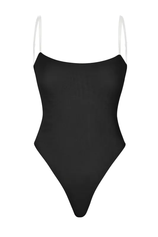 Soft Mesh Clear Strap Bodysuit in Black sold by Oh Polly