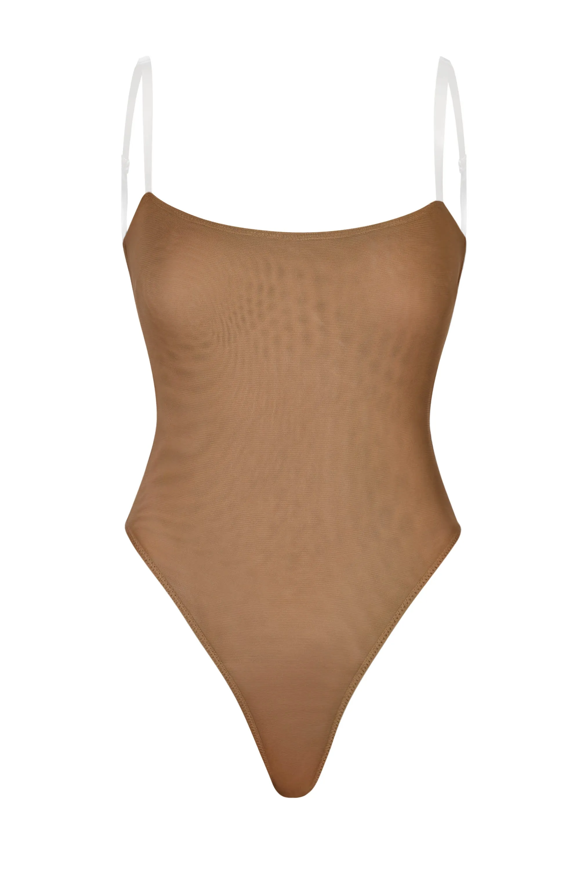 Soft Mesh Clear Strap Bodysuit in Almond sold by Oh Polly
