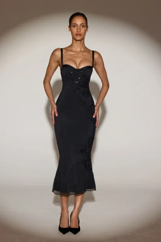 Embellished Peekaboo Midaxi Dress in Black sold by Oh Polly