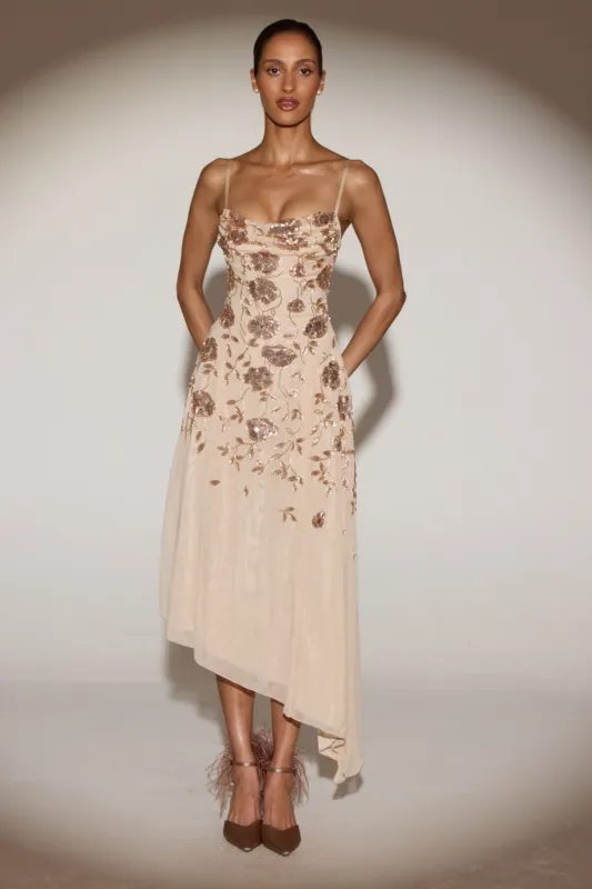 Embellished Asymmetric Midi Dress in Pale Gold sold by Oh Polly