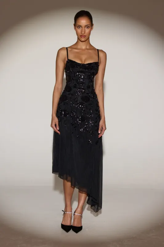 Embellished Asymmetric Midaxi Dress in Black sold by Oh Polly