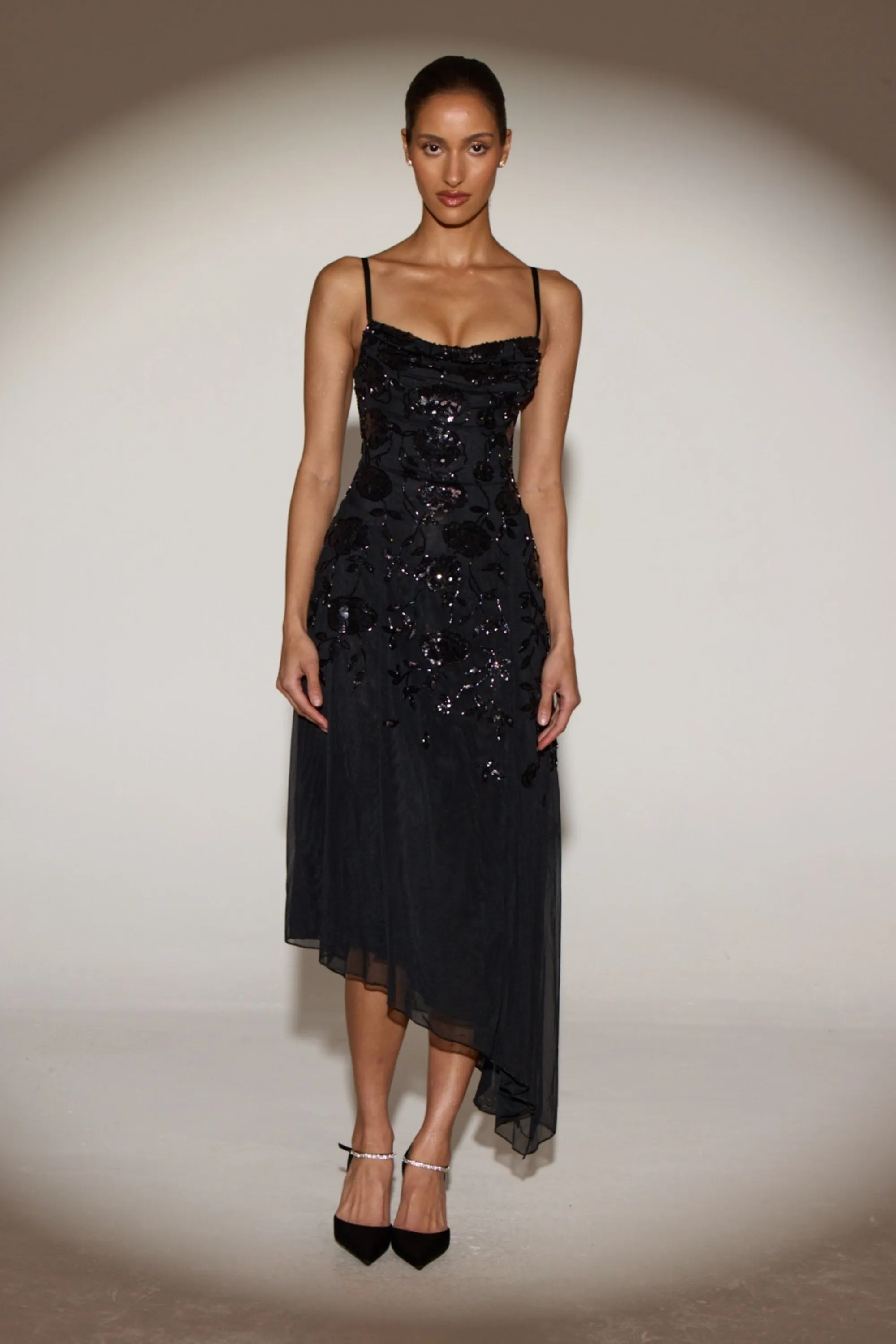 Embellished Asymmetric Midaxi Dress in Black sold by Oh Polly