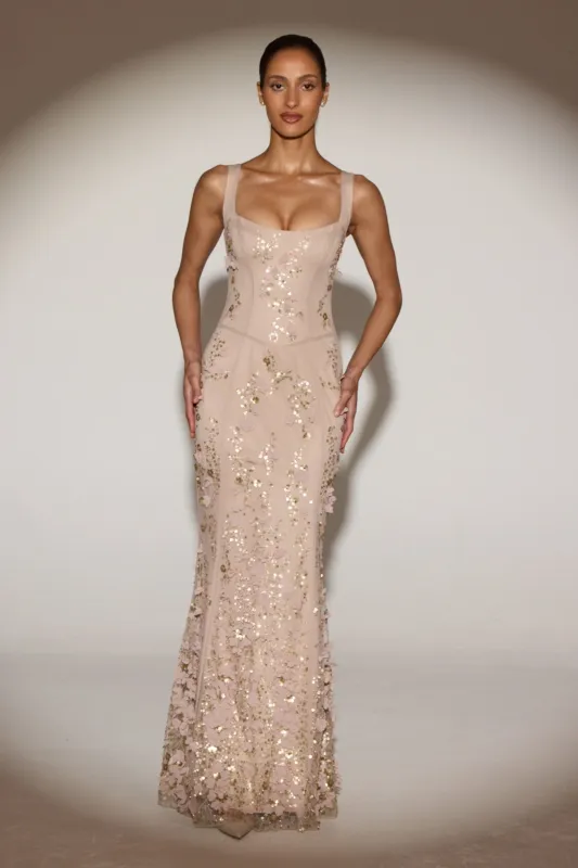 Embellished Fishtail Corset Gown in Gold sold by Oh Polly