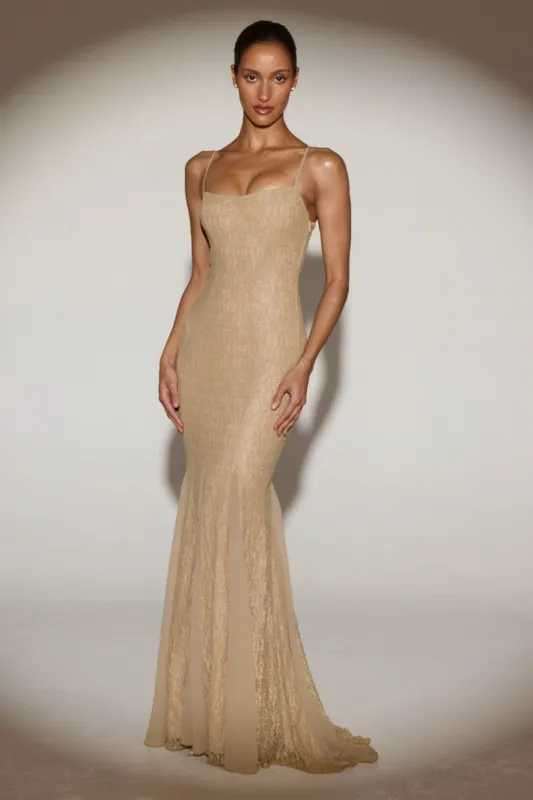 Metallic Lace Godet Gown in Pale Gold sold by Oh Polly
