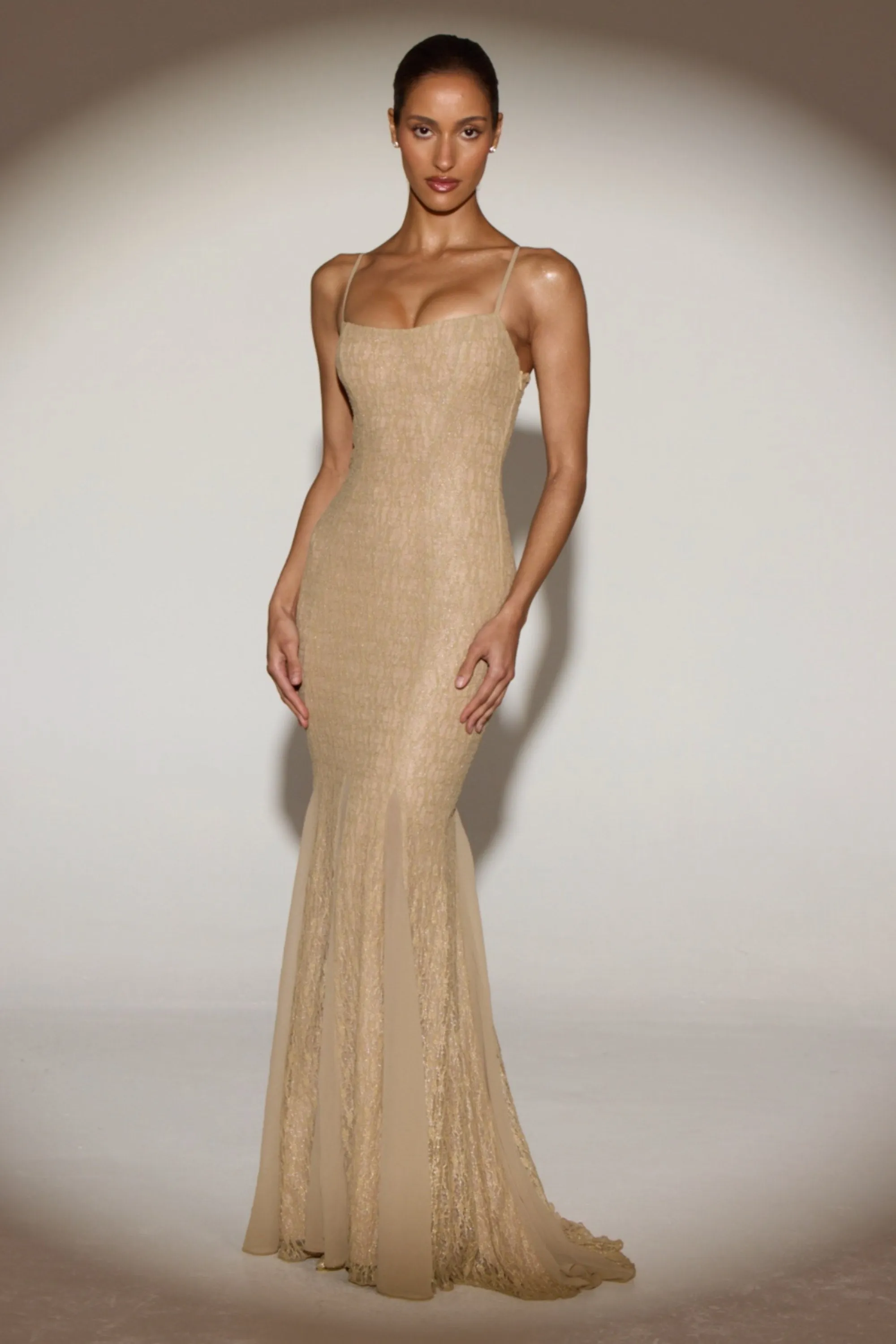 Metallic Lace Godet Gown in Pale Gold sold by Oh Polly