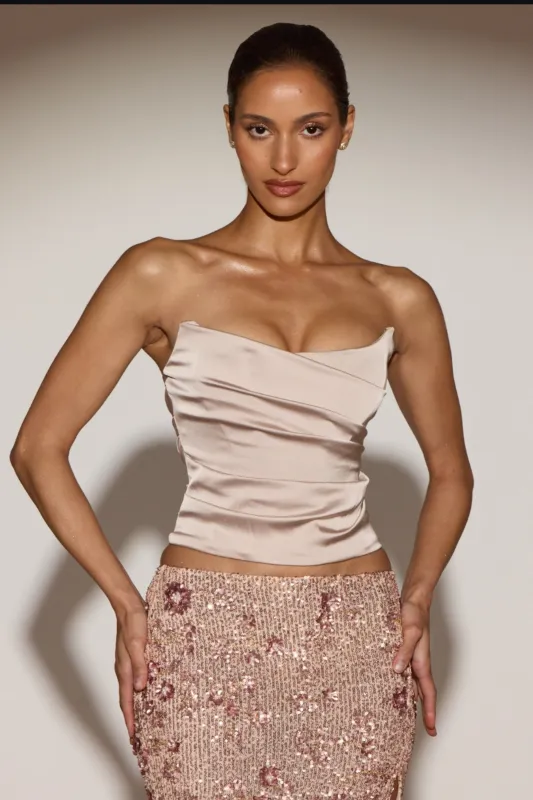 Draped Lace-Up Corset Top in Pale Gold sold by Oh Polly