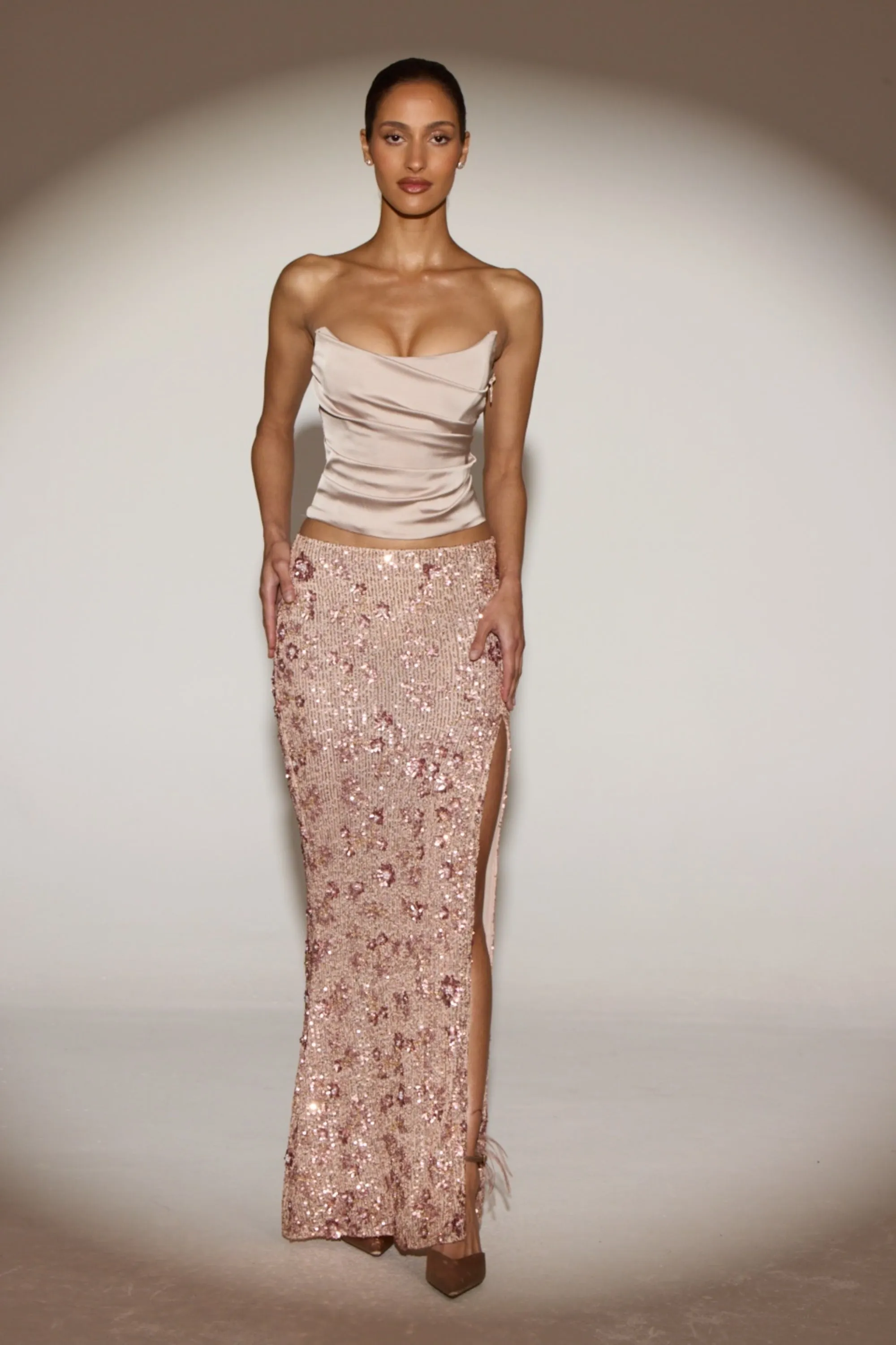 Embellished Mid-Rise Maxi Skirt in Gold Pink Floral sold by Oh Polly
