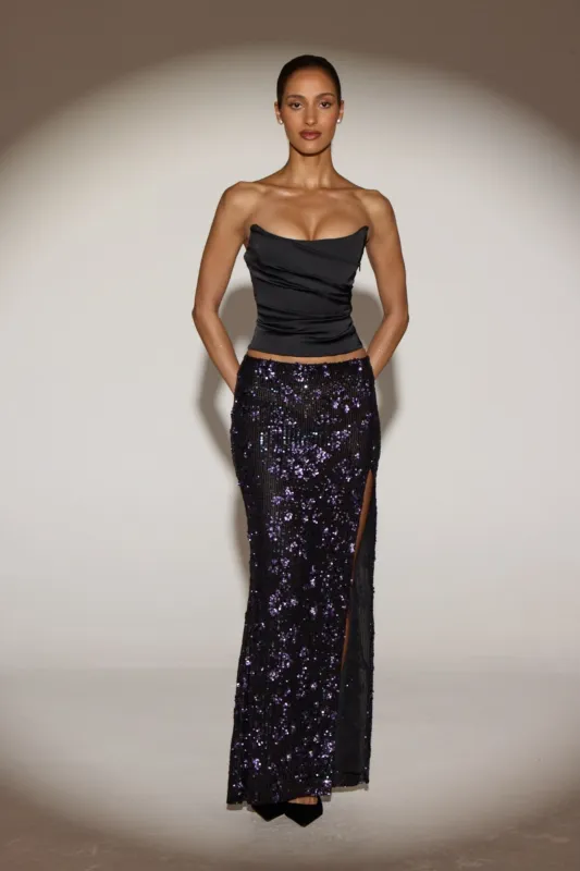 Embellished Mid-Rise Maxi Skirt in Black Purple Floral sold by Oh Polly