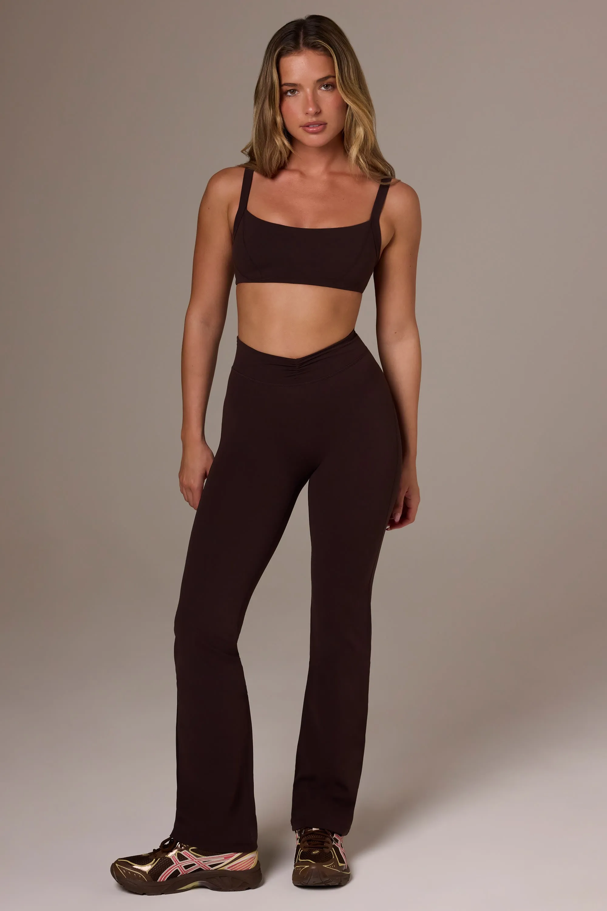 Soft Active Ruched Flared Trousers in Espresso sold by Oh Polly