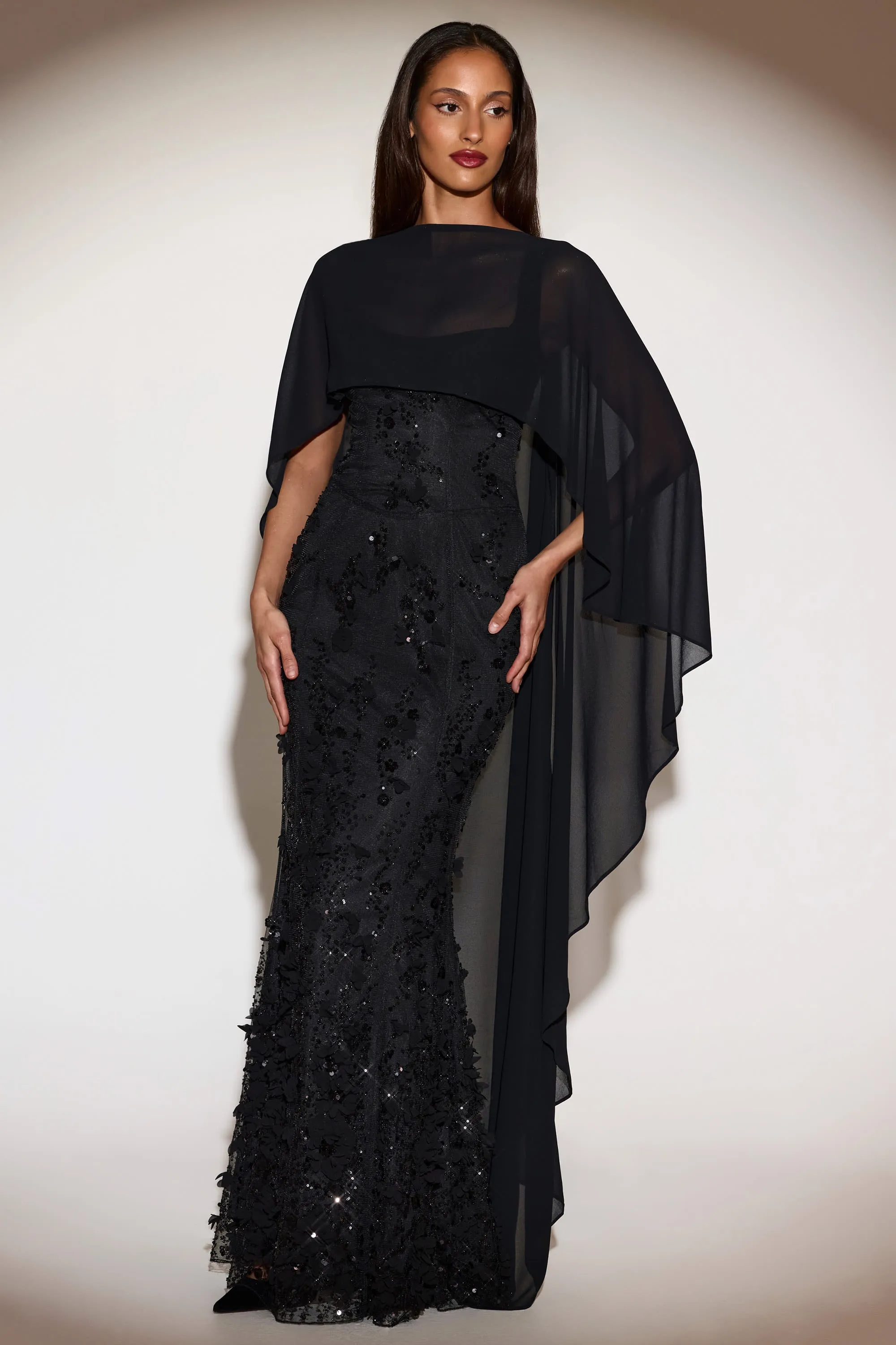 Sheer Chiffon Draped Cape in Black sold by Oh Polly
