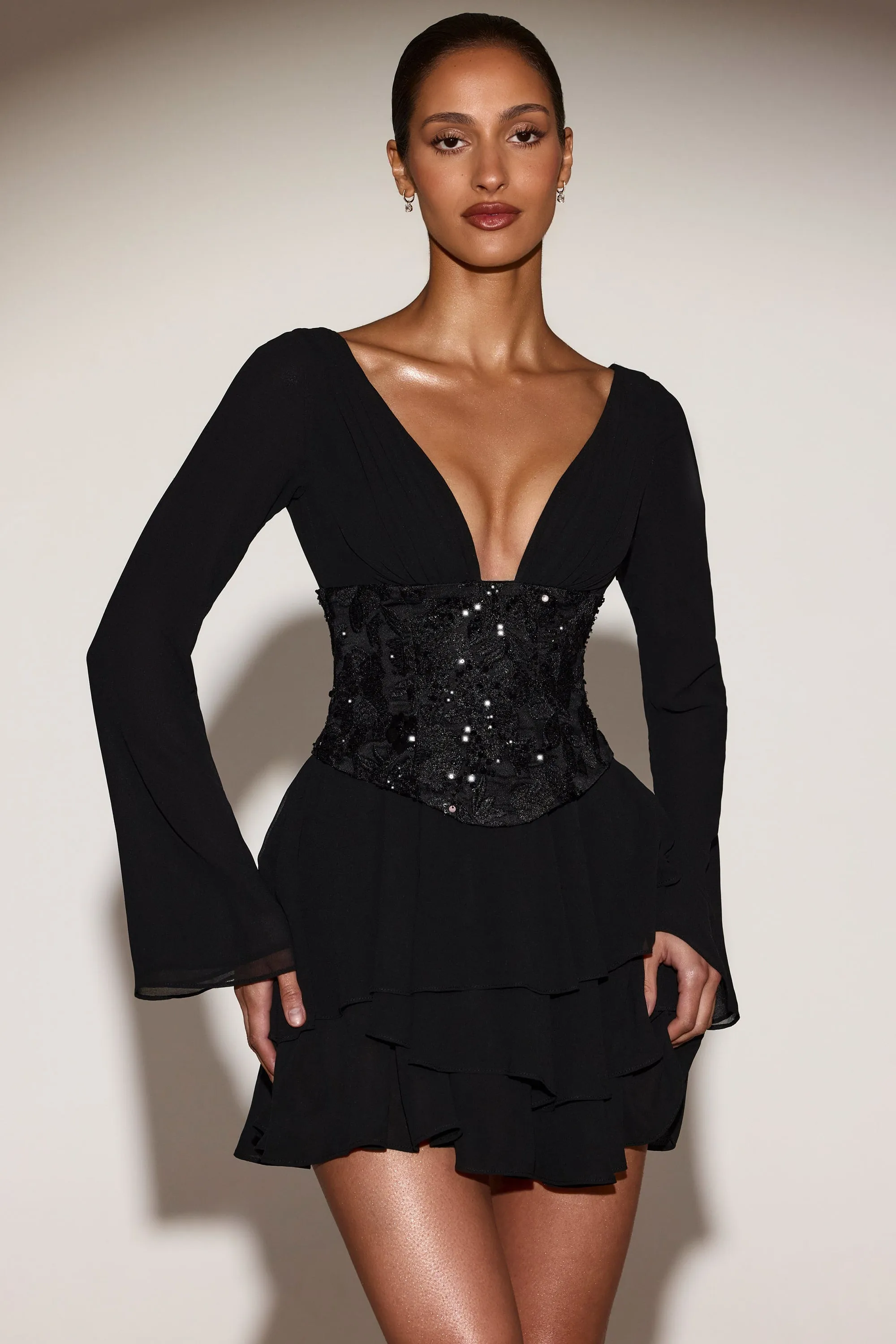 Embellished Corset A-line Mini Dress in Black sold by Oh Polly