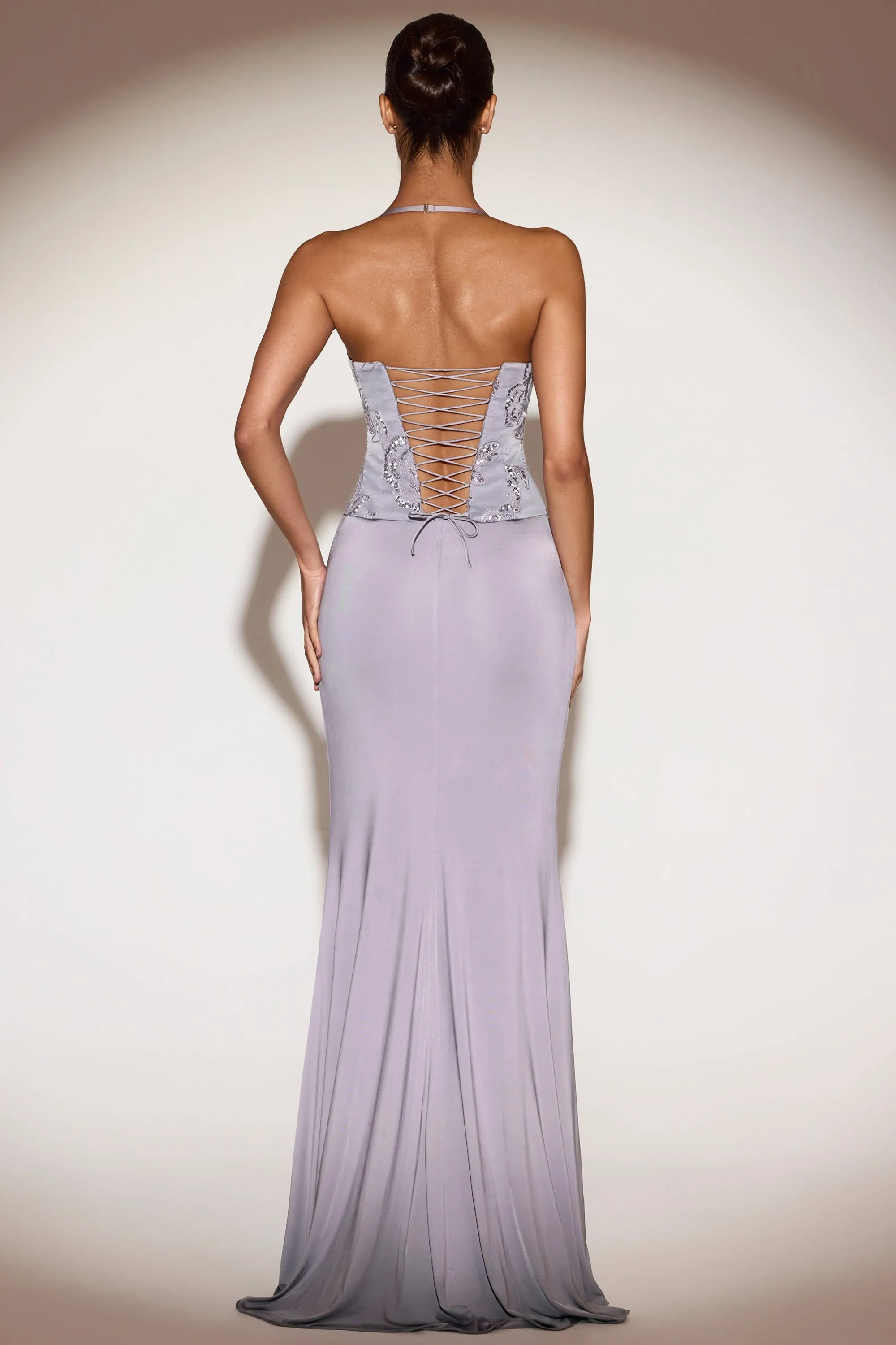 Embellished Cowl-Neck Ruffled Gown Dress in Lilac sold by Oh Polly product image thumbnail 2