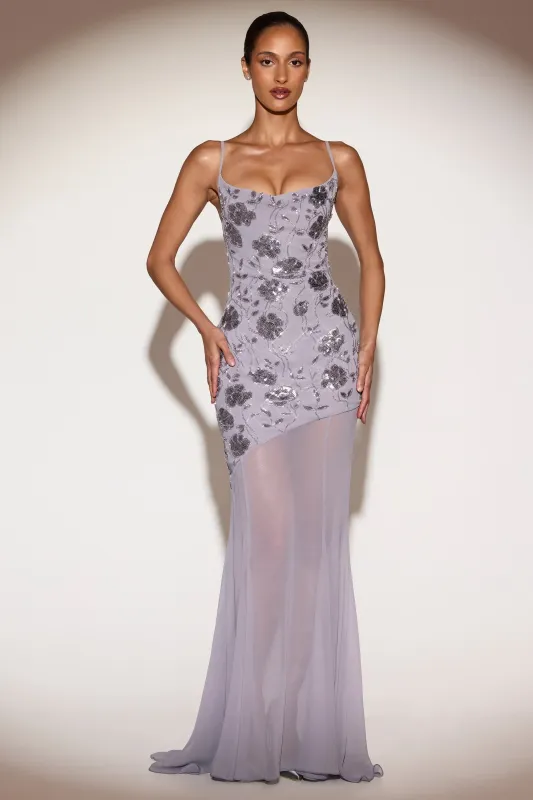 Embellished Sweetheart-Neck Backless Gown in Lilac sold by Oh Polly