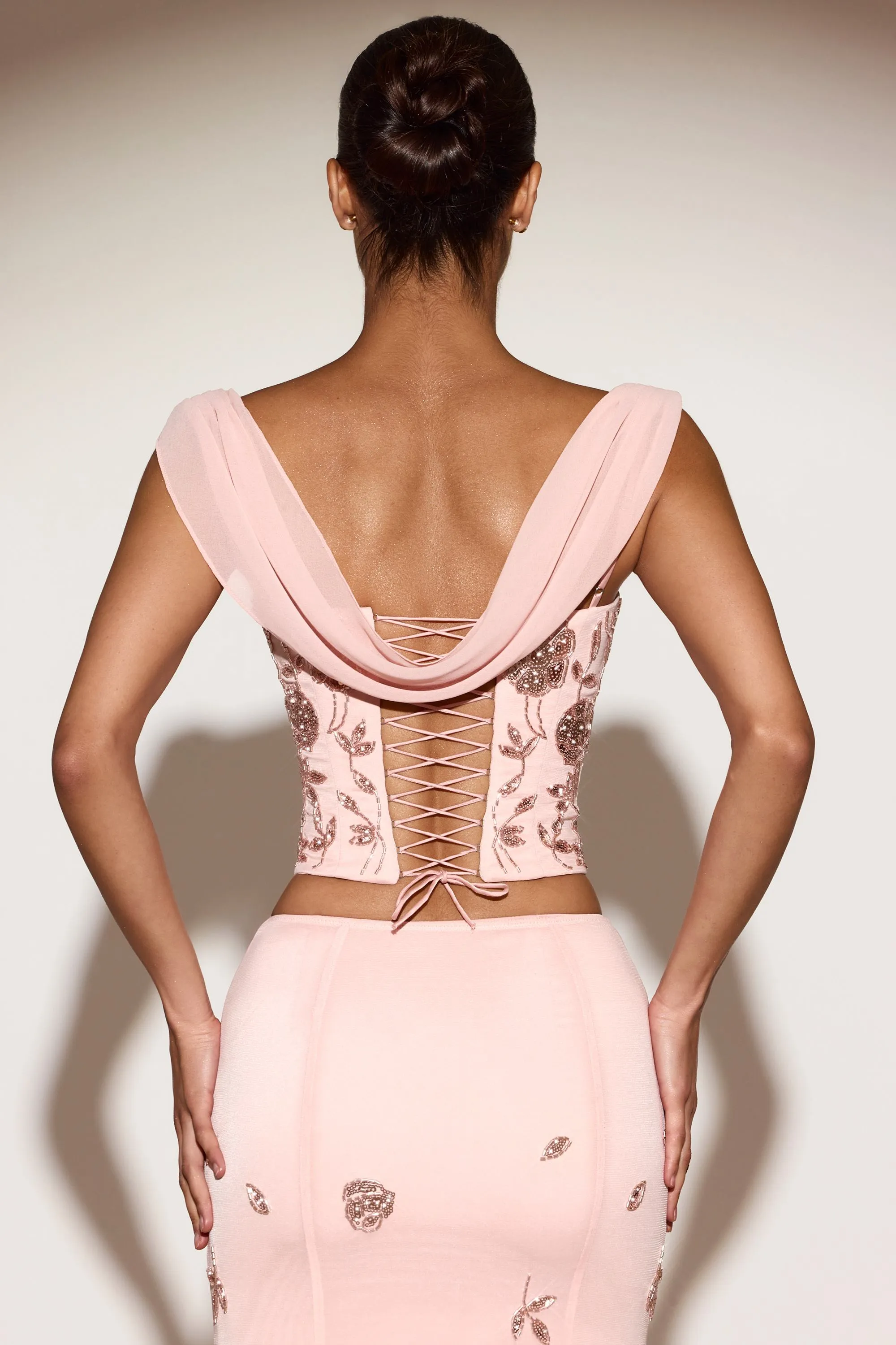 Embellished Draped Lace-Up Corset Top in Pink sold by Oh Polly product image thumbnail 2