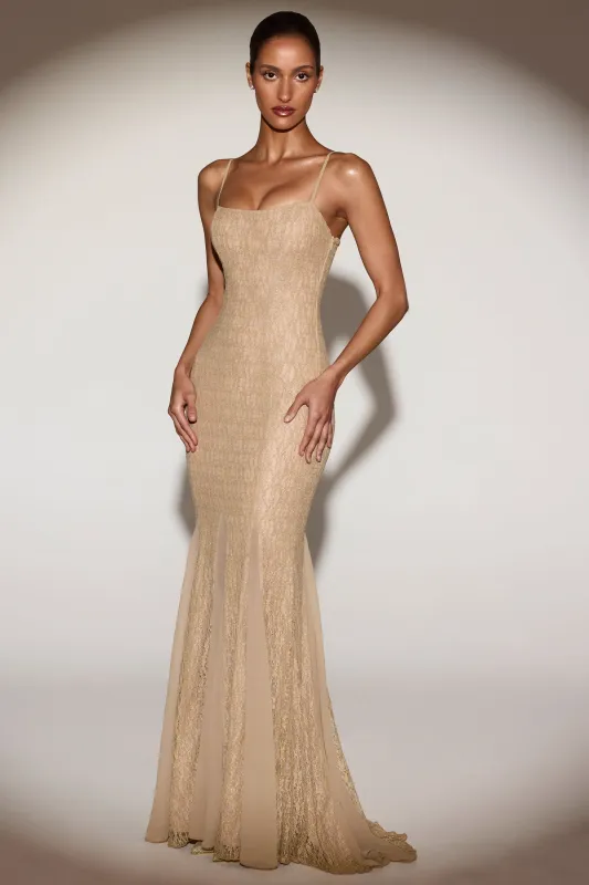 Metallic Lace Godet Fishtail Gown in Gold sold by Oh Polly
