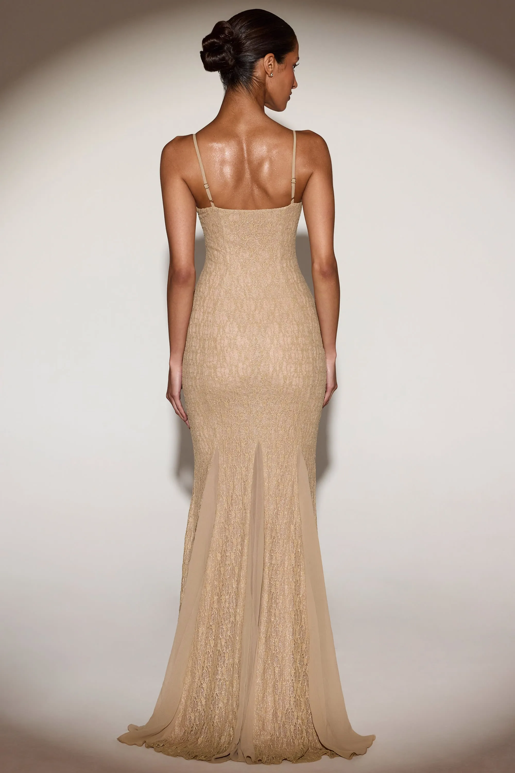 Metallic Lace Godet Fishtail Gown in Gold sold by Oh Polly product image thumbnail 3