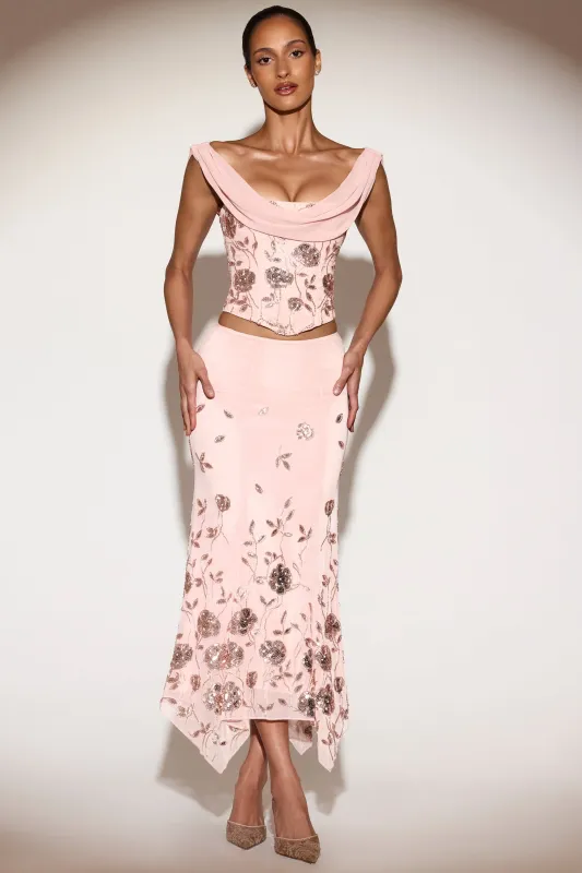 Embellished Mid-Rise Hanky-Hem Midaxi Skirt in Pink made by Oh Polly