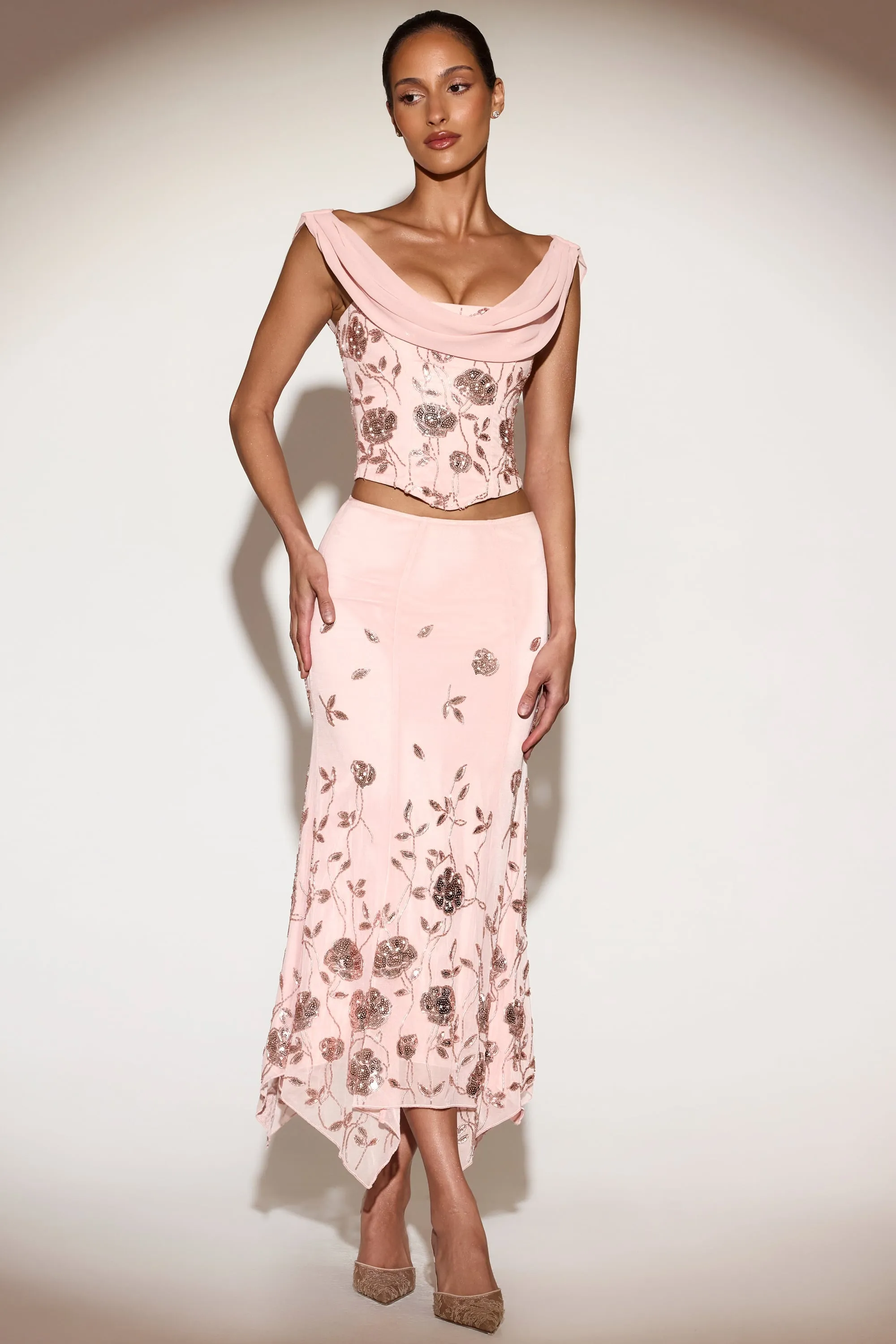 Embellished Mid-Rise Hanky-Hem Midaxi Skirt in Pink sold by Oh Polly product image thumbnail 5