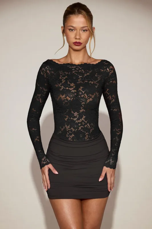 Sheer Lace Boat-Neck Mini Dress in Black made by Oh Polly