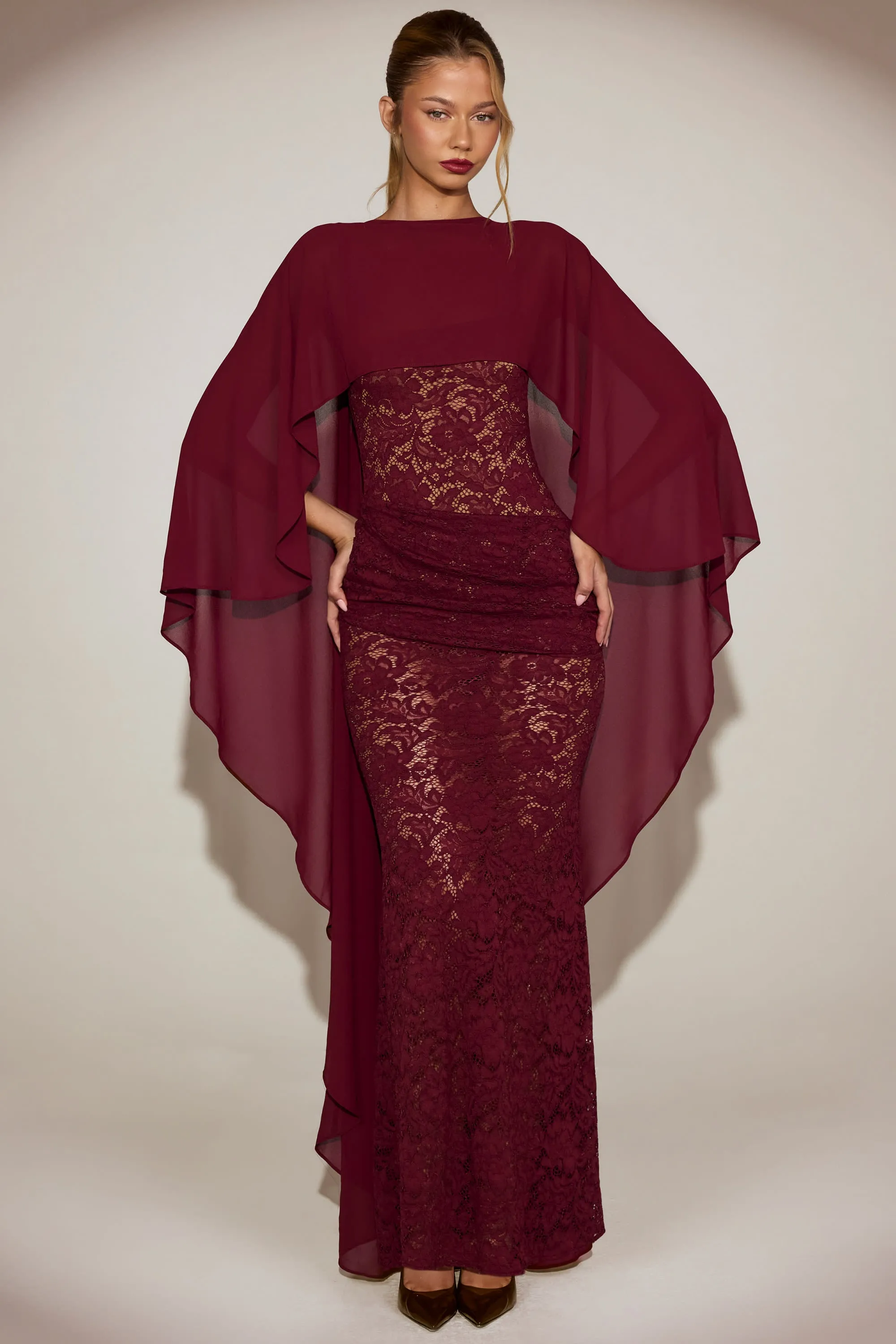 Chiffon Draped Cape in Wine Red sold by Oh Polly