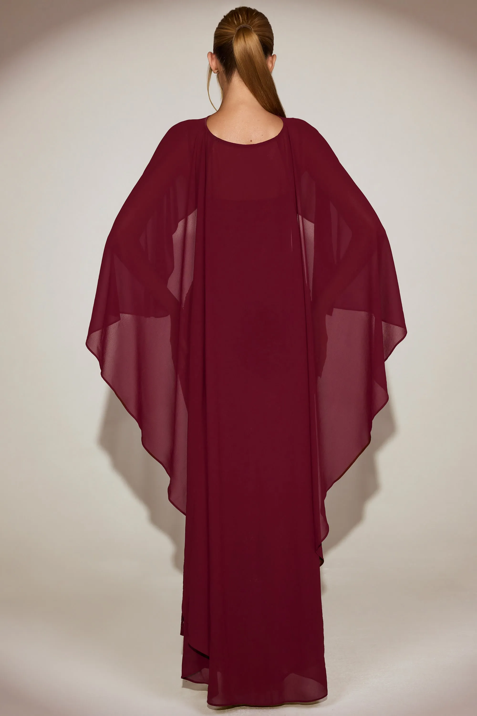 Chiffon Draped Cape in Wine Red sold by Oh Polly product image thumbnail 3