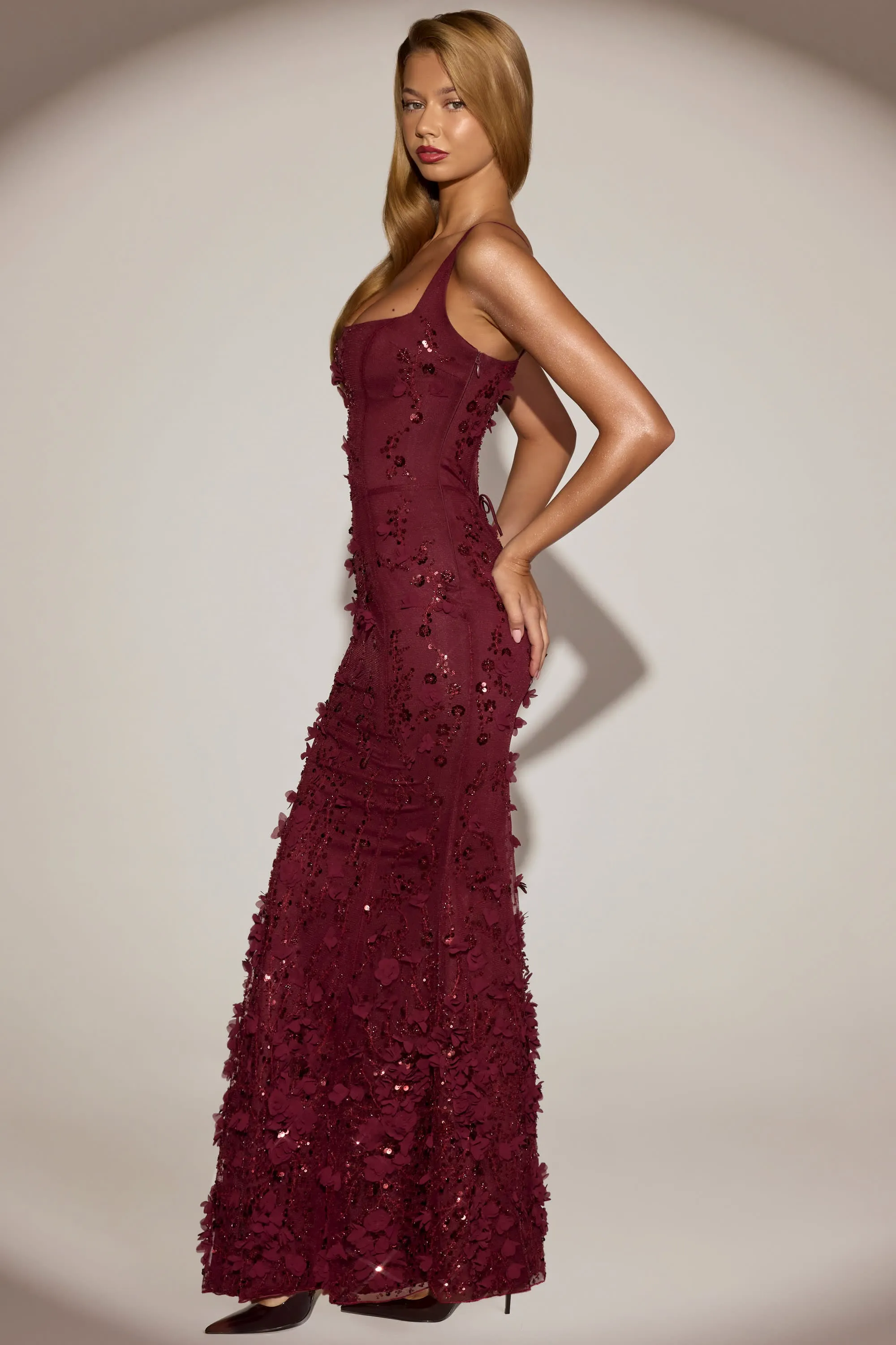Embellished Appliqué Soft-Scoop Corset Gown in Wine Red sold by Oh Polly product image thumbnail 3