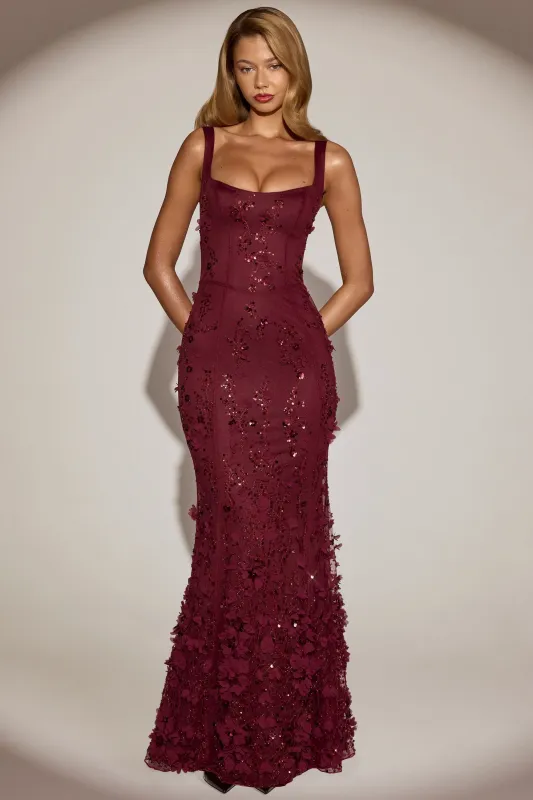 Embellished Fishtail Corset Gown in Wine Red sold by Oh Polly