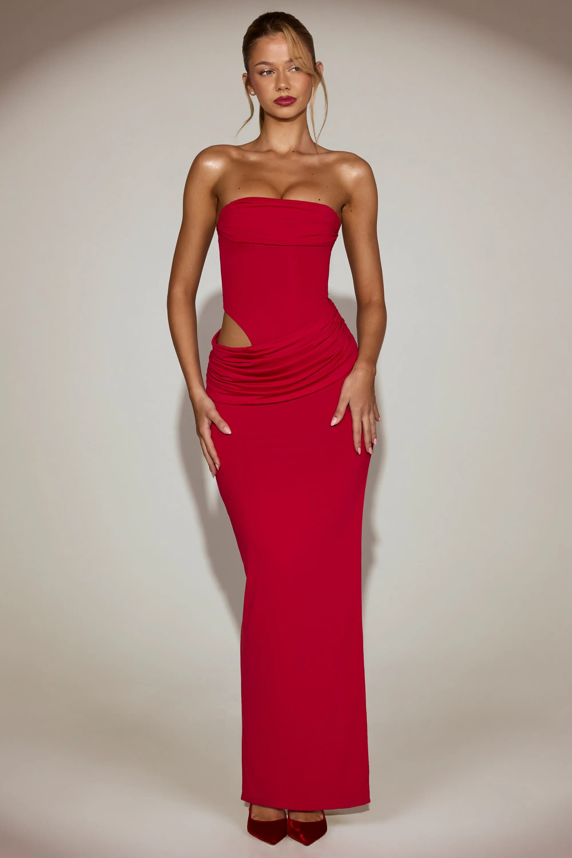 Soft-Jersey Bandeau Cut-Out Maxi Dress in True Red sold by Oh Polly
