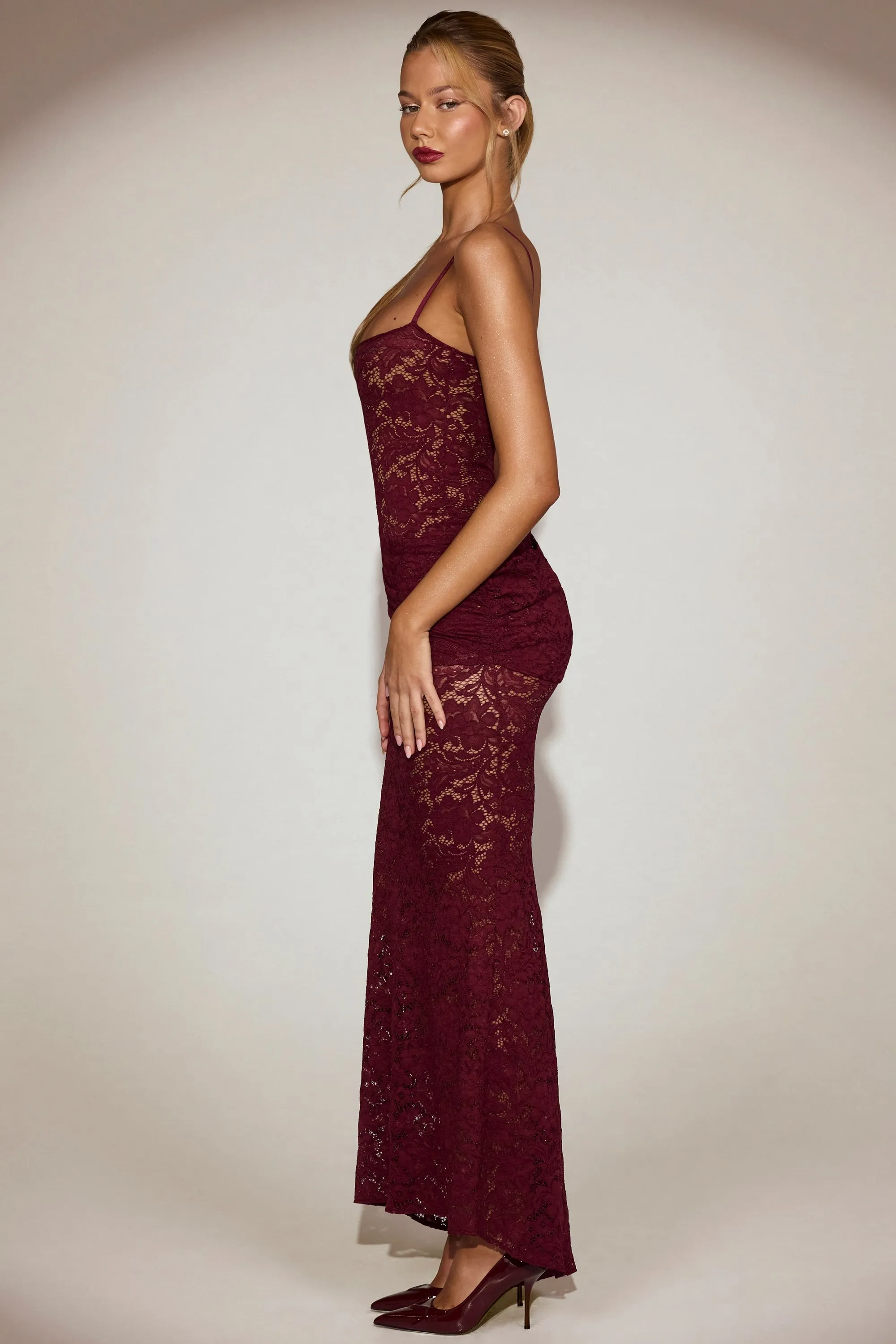 Sheer Lace Square-Neck Ruched Gown in Wine Red sold by Oh Polly product image thumbnail 3