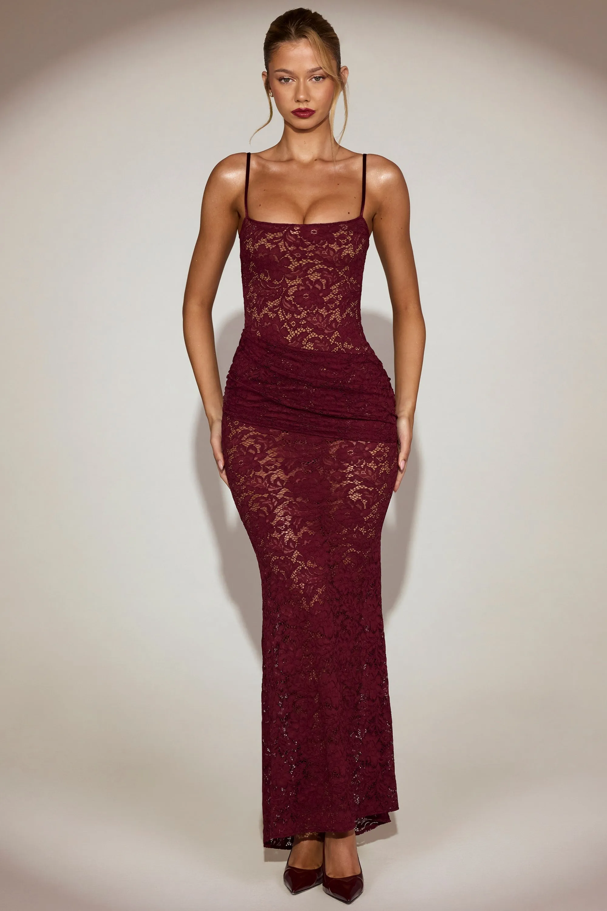 Sheer Lace Square-Neck Ruched Gown in Wine Red sold by Oh Polly product image thumbnail 5