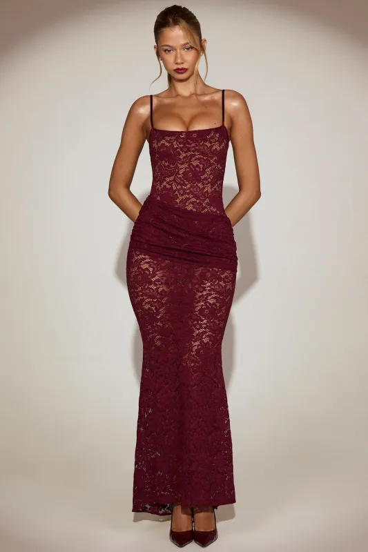 Sheer Lace Square-Neck Ruched Gown in Wine Red made by Oh Polly