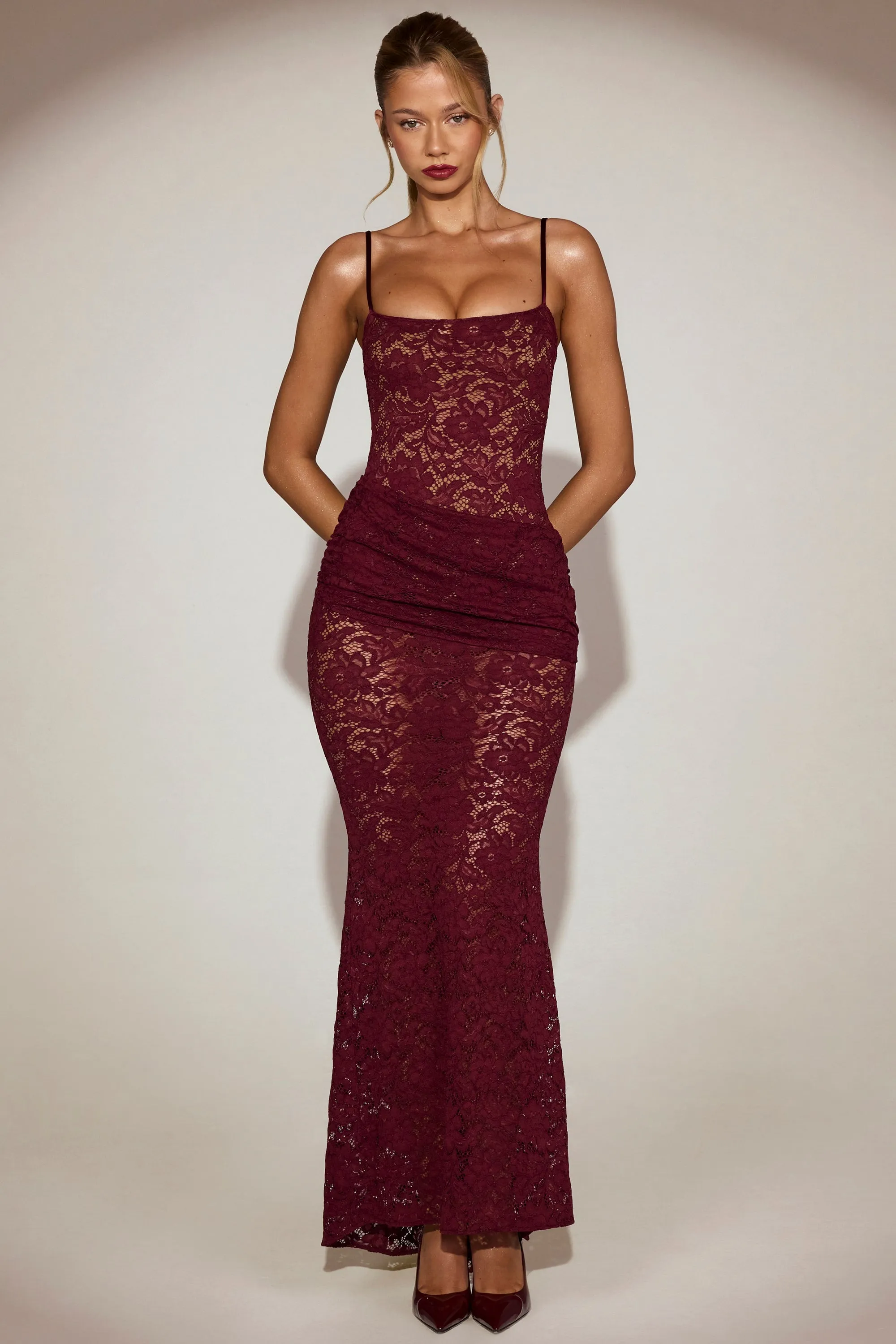 Sheer Lace Square-Neck Ruched Gown in Wine Red sold by Oh Polly