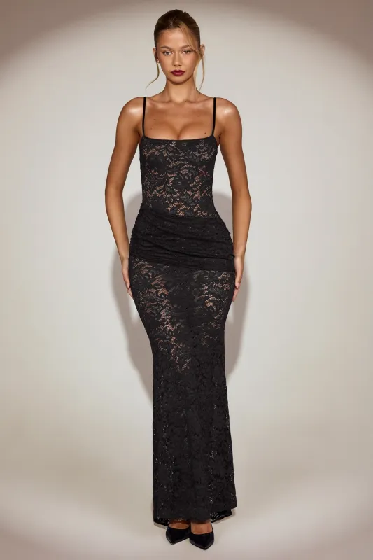 Sheer Lace Square-Neck Ruched Gown in Black made by Oh Polly