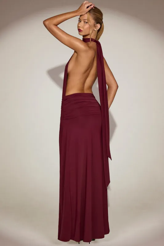 Draped Tie-Neck Maxi Dress in Wine Red sold by Oh Polly