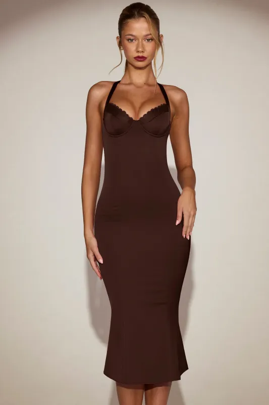 Lace-Trim Halterneck Fishtail Midaxi Dress in Chocolate Brown sold by Oh Polly