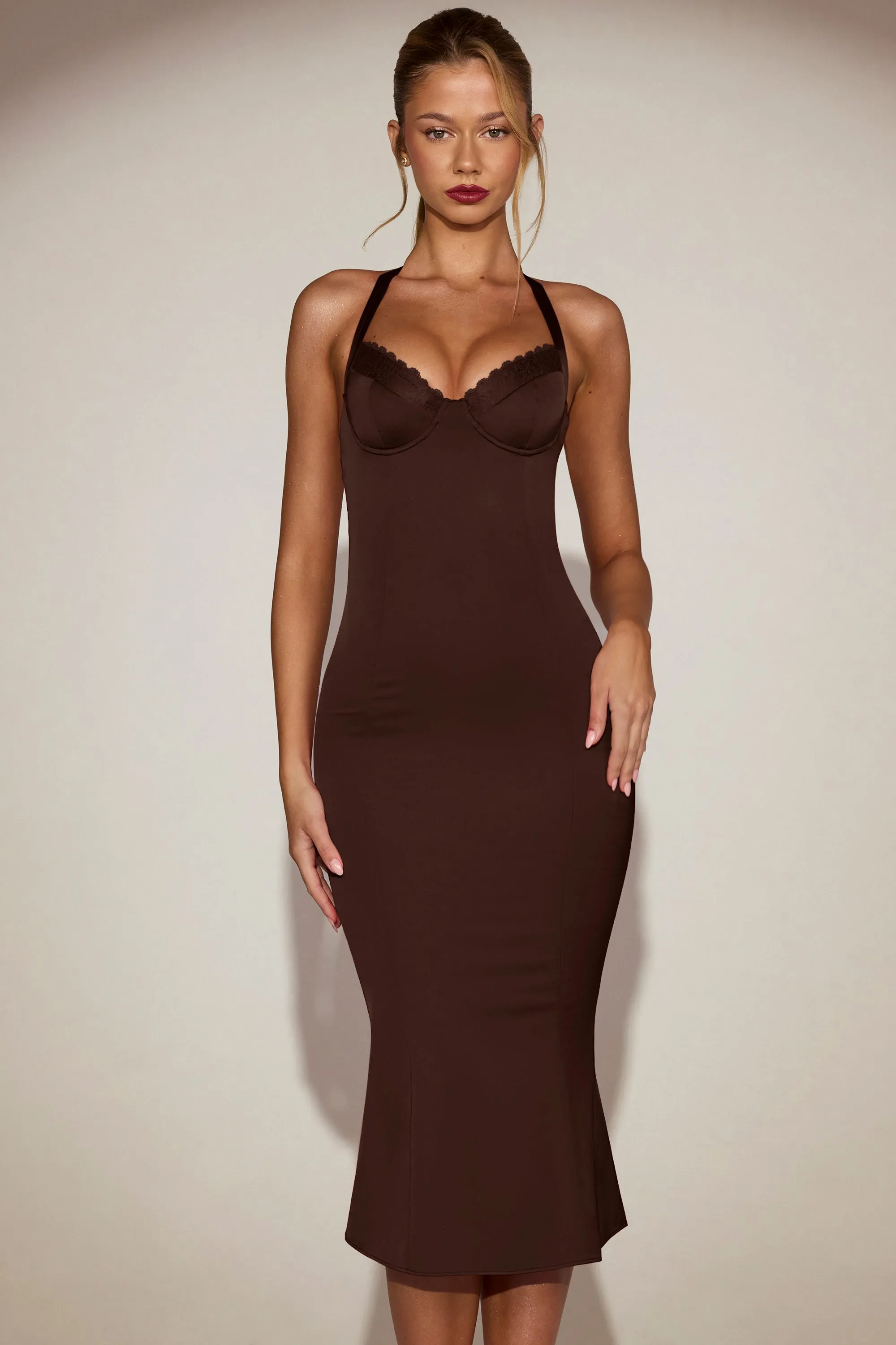 Lace-Trim Halterneck Fishtail Midaxi Dress in Chocolate Brown sold by Oh Polly