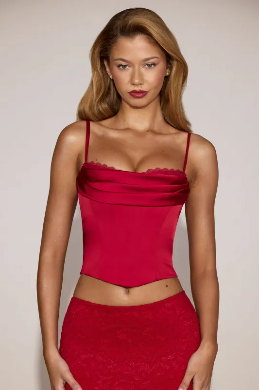 Satin Cowl-Neck Lace-Up Corset Top in True Red made by Oh Polly