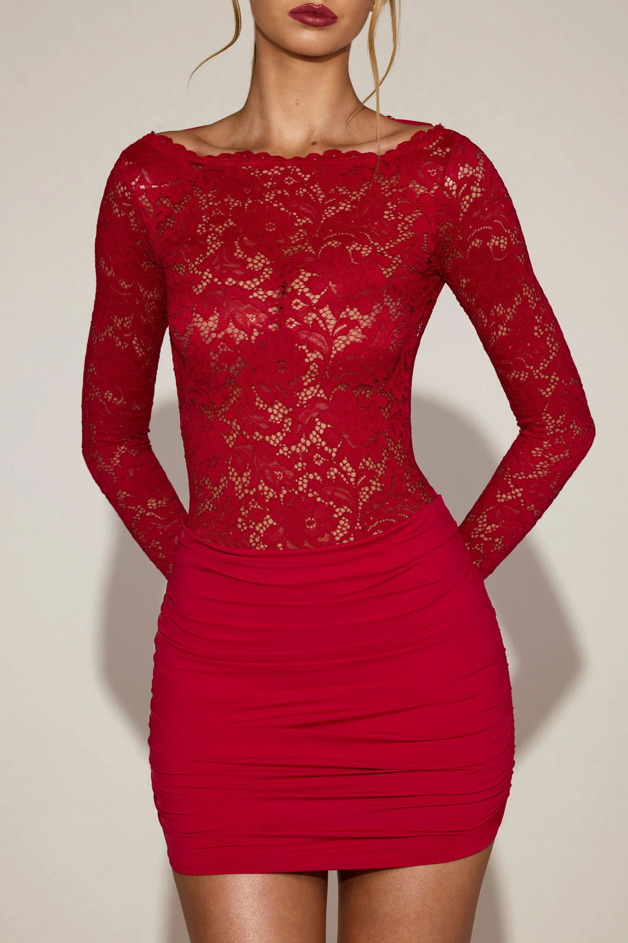 Sheer Lace Boat-Neck Mini Dress in True Red sold by Oh Polly product image thumbnail 4