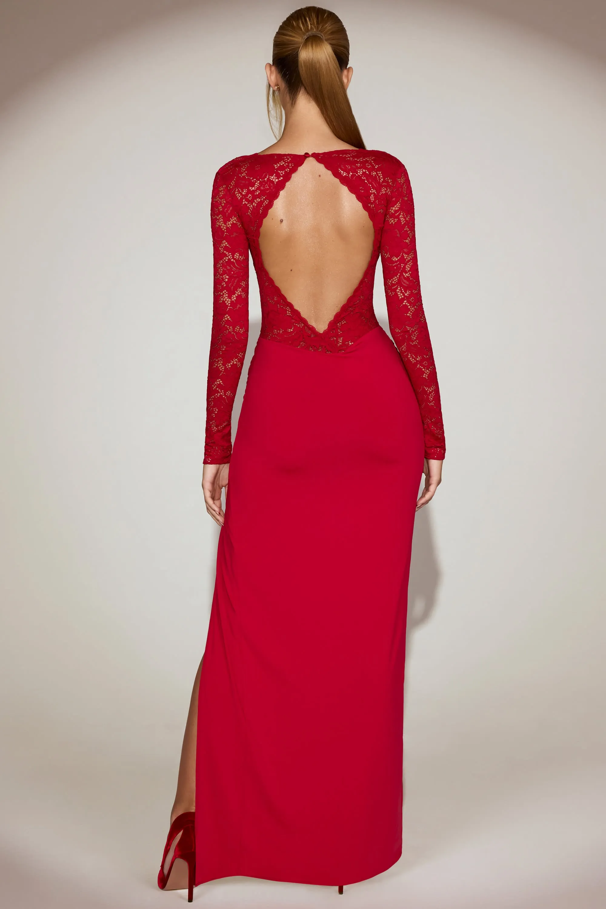 Lace Scalloped Plunge-Neck Maxi Dress in True Red sold by Oh Polly product image thumbnail 5