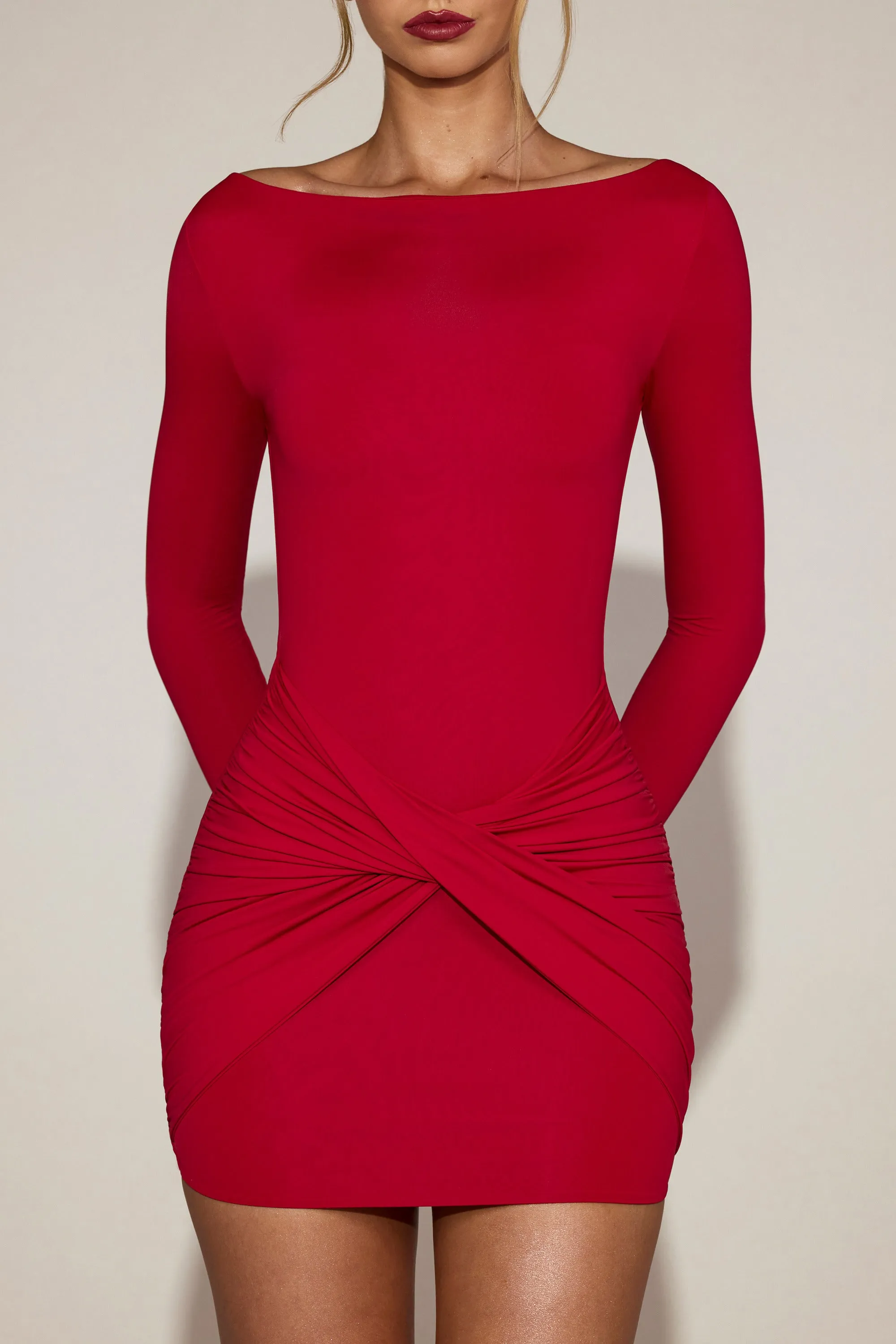 Soft-Jersey Boat-Neck Draped Mini Dress in True Red sold by Oh Polly product image thumbnail 4