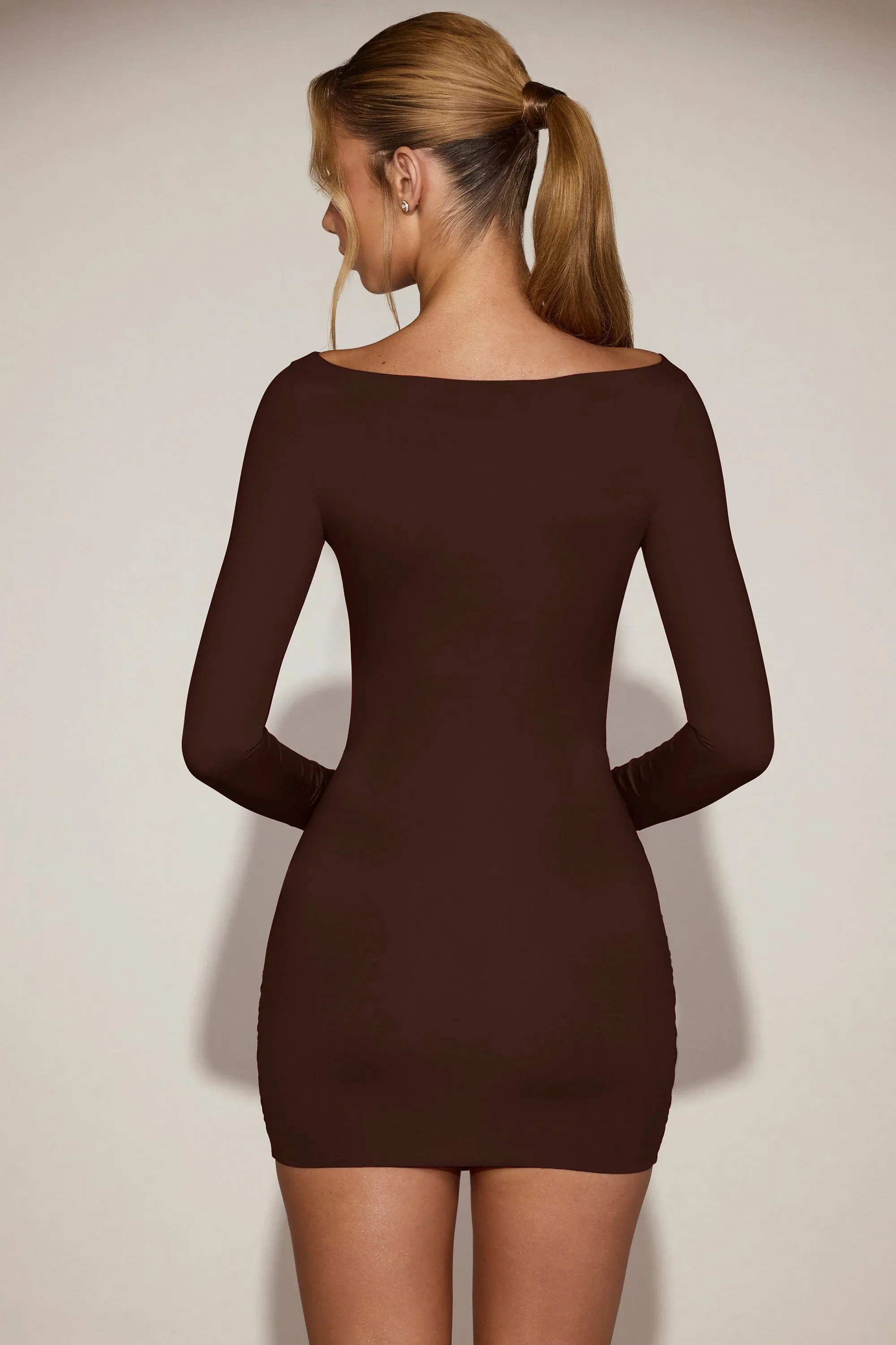 Soft-Jersey Boat-Neck Draped Mini Dress in Chocolate Brown sold by Oh Polly product image thumbnail 4