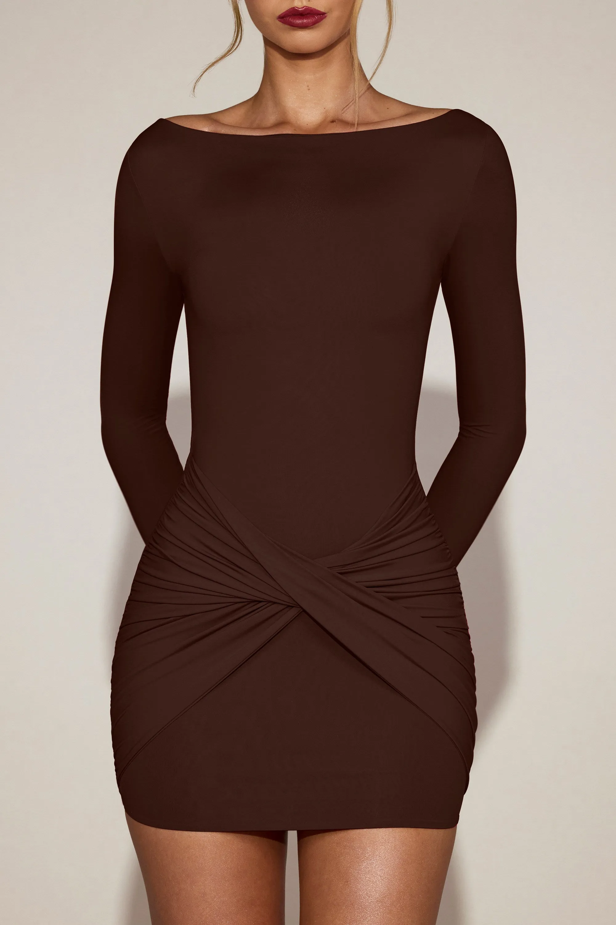 Soft-Jersey Boat-Neck Draped Mini Dress in Chocolate Brown sold by Oh Polly product image thumbnail 5