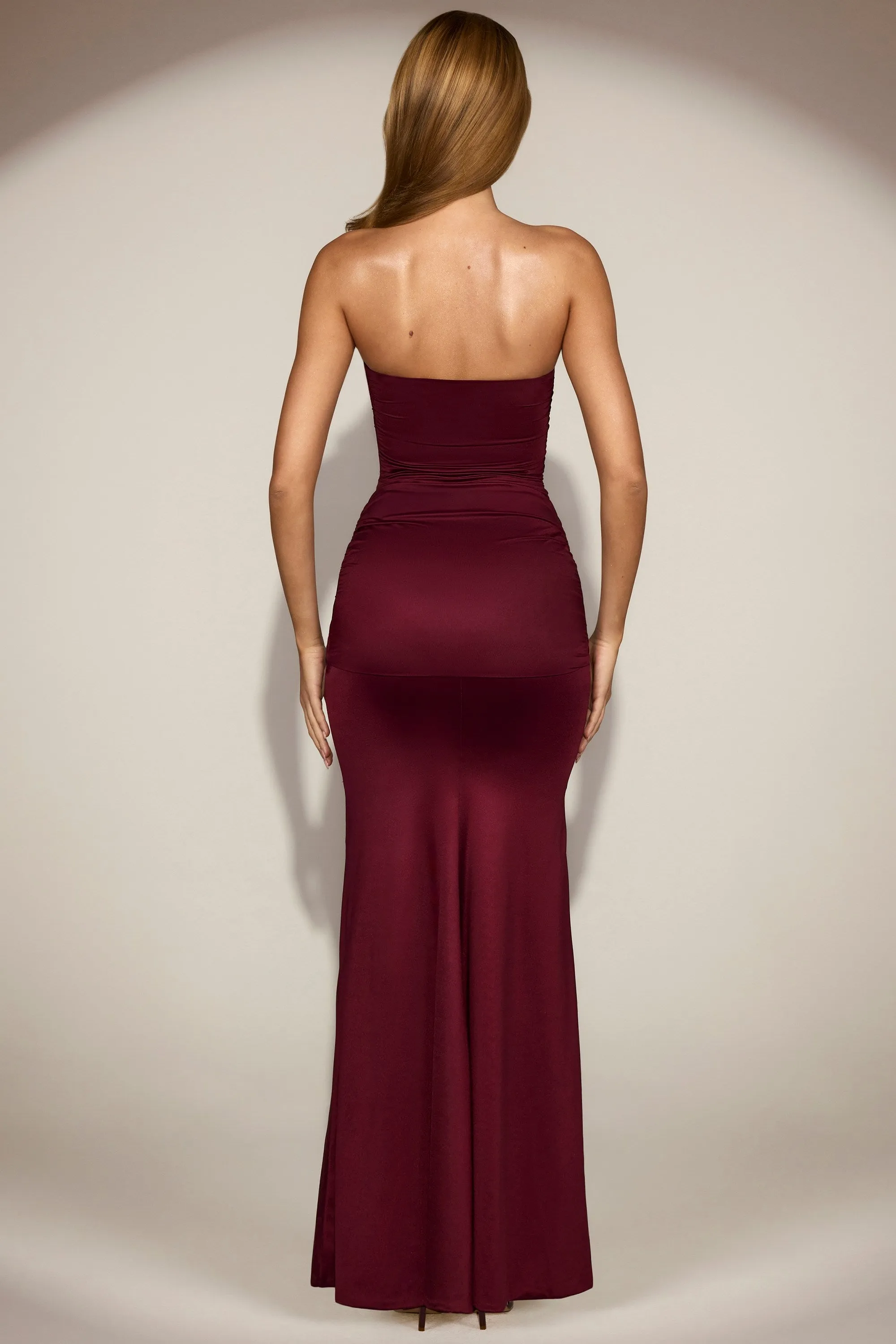Satin Peekaboo Bandeau Draped Gown in Wine Red sold by Oh Polly product image thumbnail 3